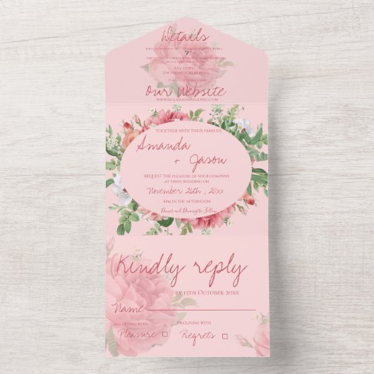 Hübsche Hochzeit in Rosa All In One Einladung (Innen)