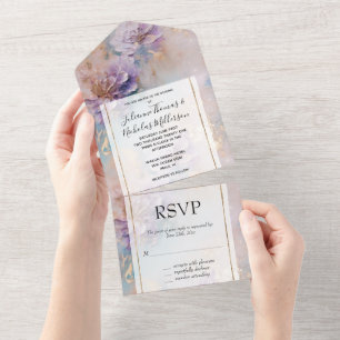 Hübsche Hochzeit mit Lila Blau und Gold All In One Einladung