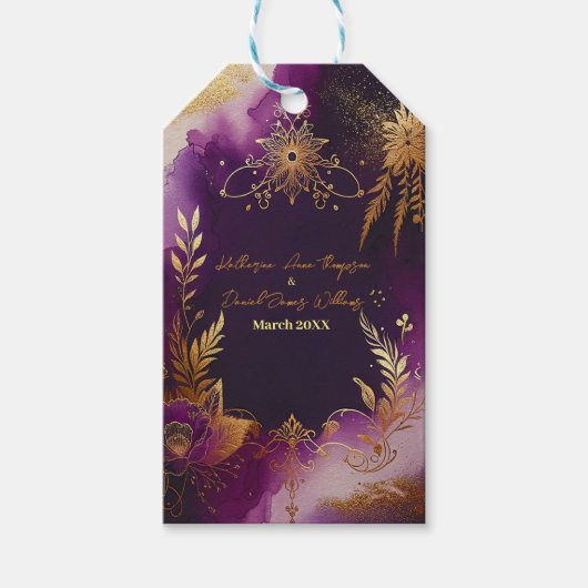 Hübsche Hochzeit mit Lila Wasserfarben und Goldflo Geschenkanhänger (Vorderseite)