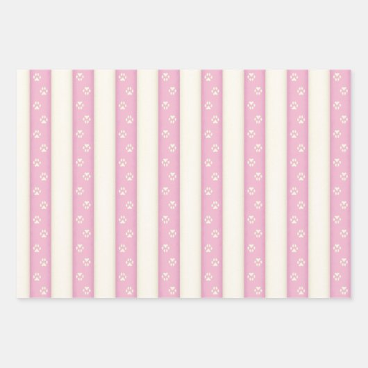 Hübsche Hundepaw-Drucke auf rosa und weiße Streife Geschenkpapier Set (Vorderseite)