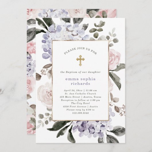 Hübsche Hydrangea-Blume | Foto zurück Taufe Einladung (Vorne/Hinten)