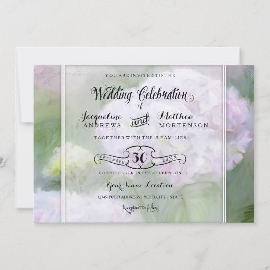 Hübsche Hydrangea Garden Blume Skripttypografie Einladung (Vorderseite)