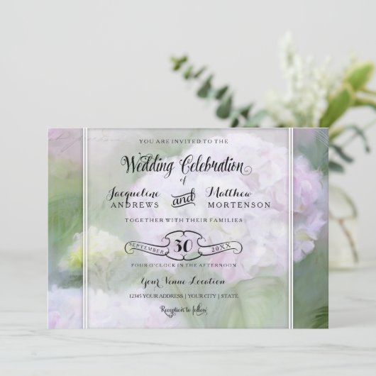 Hübsche Hydrangea Garden Blume Skripttypografie Einladung (Stehend Vorderseite)