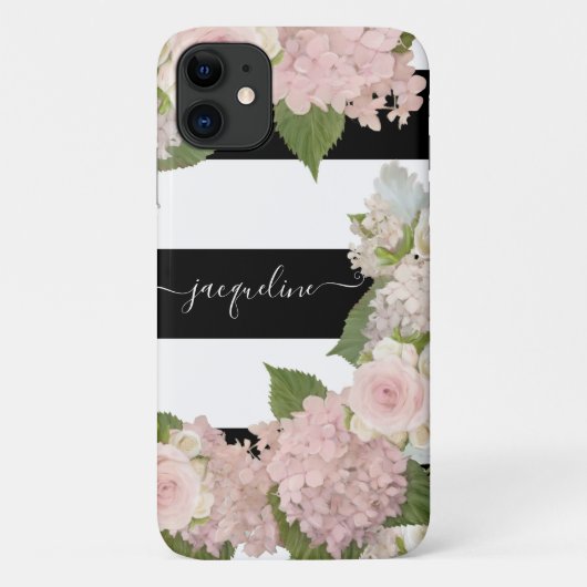 Hübsche Hydrangeas-Rose Schwarz-weiß gestreift Case-Mate iPhone Hülle (Rückseite)