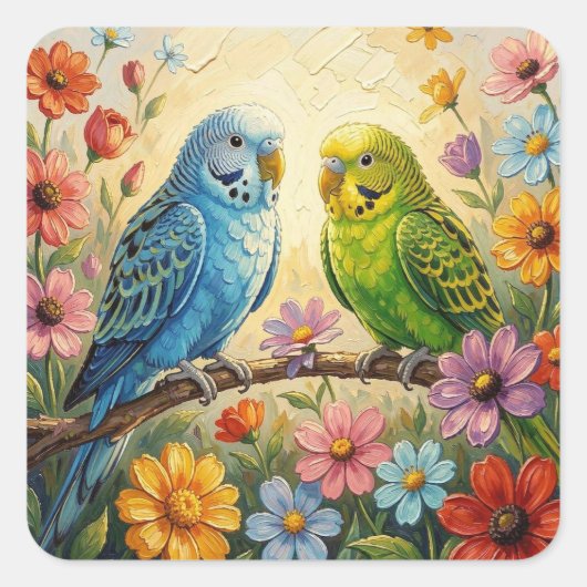 Hübsche Impasto Blau und Grüne Sittiche Quadratischer Aufkleber (Vorderseite)