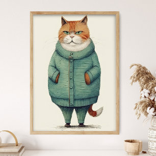 Hübsche Ingwerkatze in grünem Pullover, Lustige Ka Poster