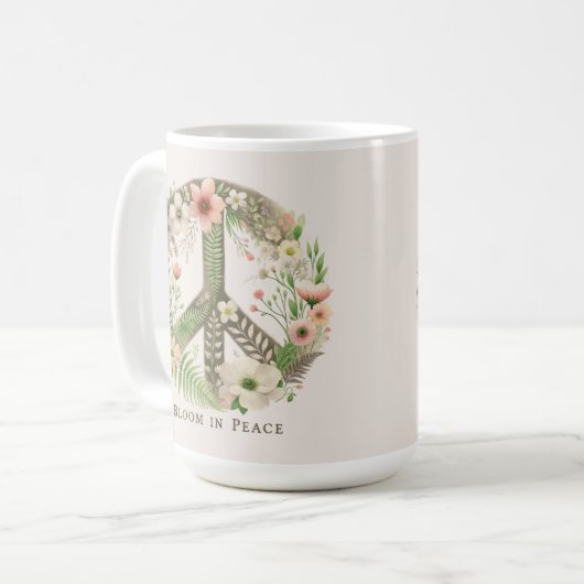 Hübsche Initialen Retro "Bloom in Peace"-Zeichen Kaffeetasse (Vorderseite Links)