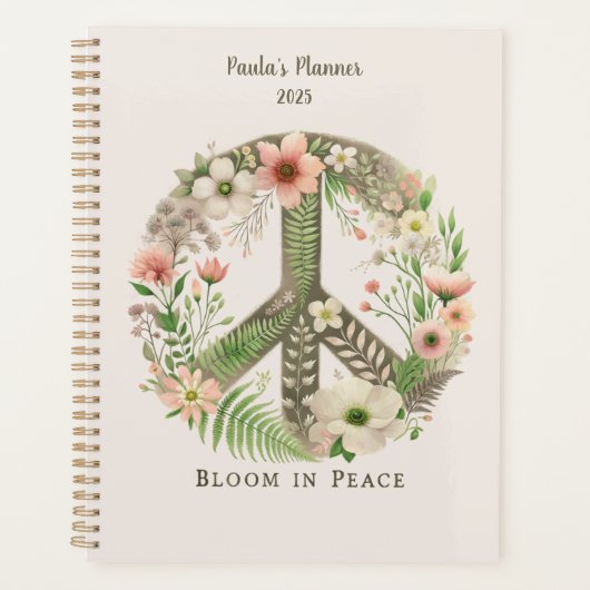Hübsche Initialen Retro "Bloom in Peace"-Zeichen Planer (Vorderseite)