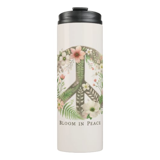 Hübsche Initialen Retro "Bloom in Peace"-Zeichen Thermosbecher (Vorderseite)