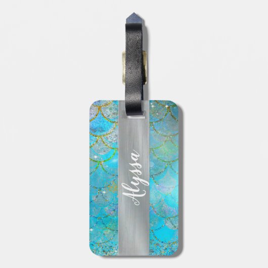 Hübsche Iridescent Blue Shimmer Mermaid Scales Gepäckanhänger (Rückseite vertikal)