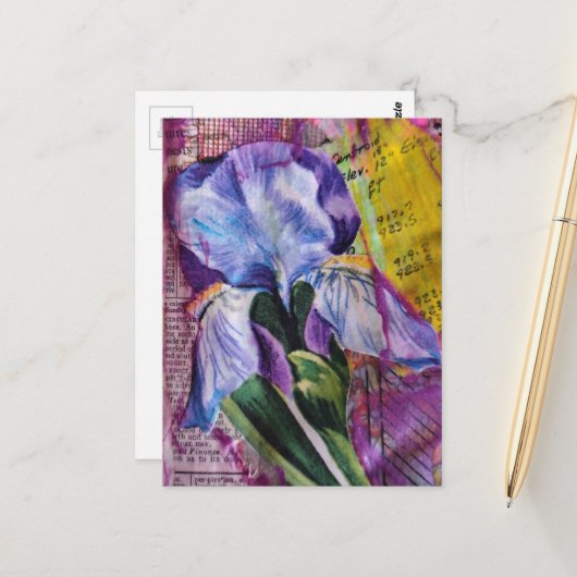 Hübsche Iris-Blumen-Mixed-Media-Collage-Postkarte Postkarte (Vorderseite/Rückseite Beispiel)
