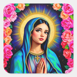 Hübsche Jungfrau Mary mit Gebetshandschuhen & Rose Quadratischer Aufkleber