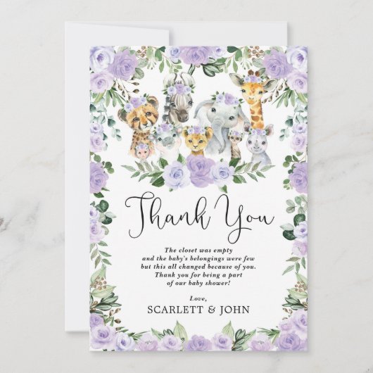 Hübsche Jungle Wild Animes Lila Floral Baby Girl Dankeskarte (Vorderseite)