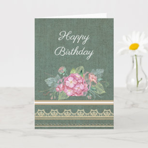 Hübsche Jute-Spitze und rosa Blumen Geburtstag Karte