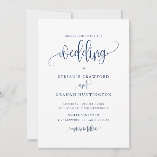Hübsche Kalligrafie Script Navy Blue Wedding Einladung (Vorderseite)