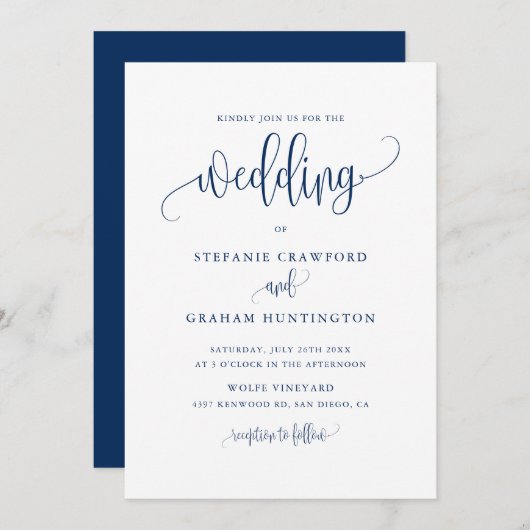 Hübsche Kalligrafie Script Navy Blue Wedding Einladung (Vorne/Hinten)