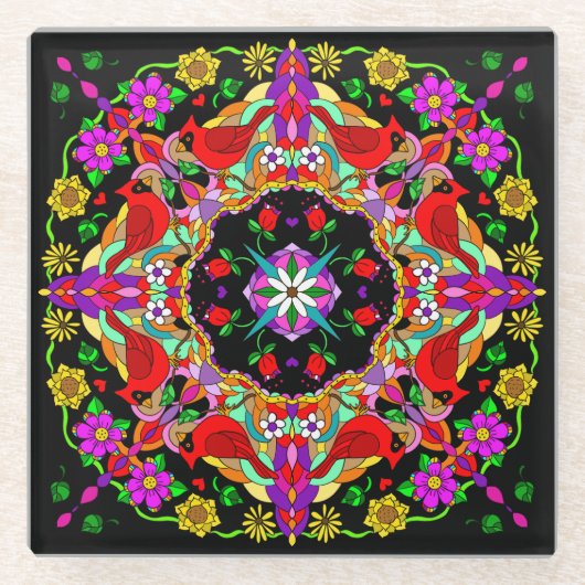 Hübsche Kardinal und Blume Mandala Glasuntersetzer (Vorderseite)