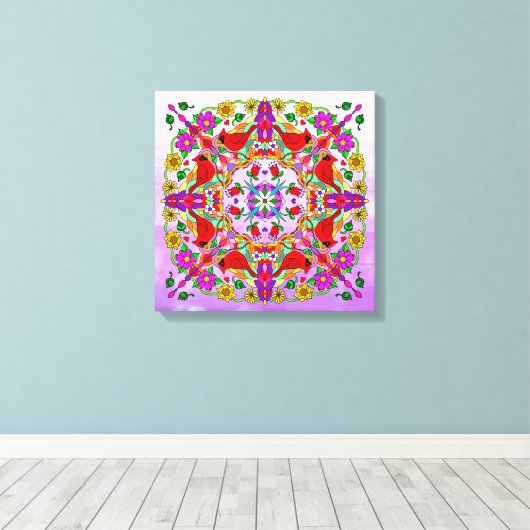 Hübsche Kardinal und Blume Mandala Leinwanddruck (Insitu (Holzboden))