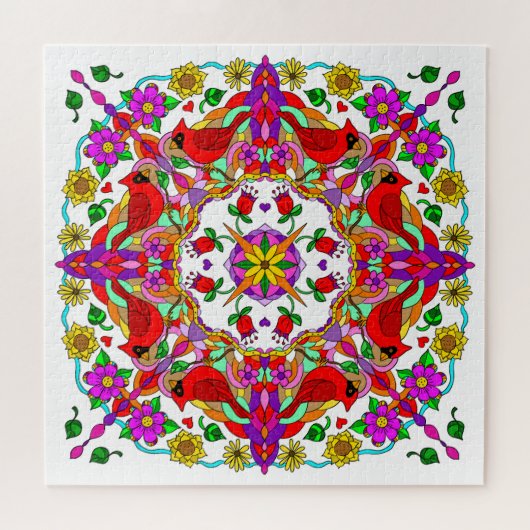 Hübsche Kardinal und Blume Mandala Puzzle (Horizontal)