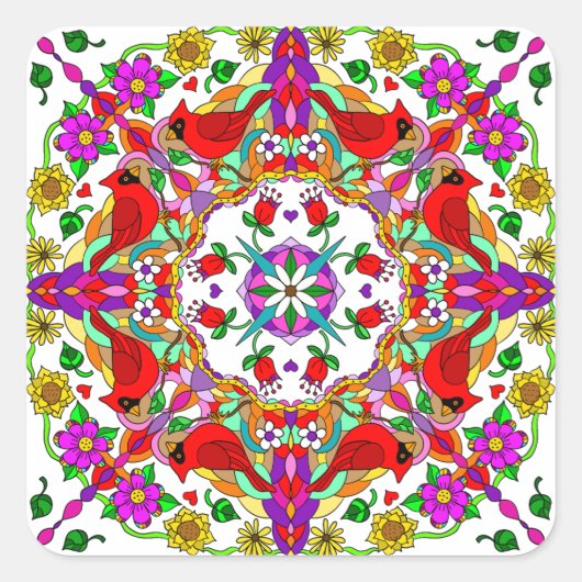Hübsche Kardinal und Blume Mandala Quadratischer Aufkleber (Vorderseite)
