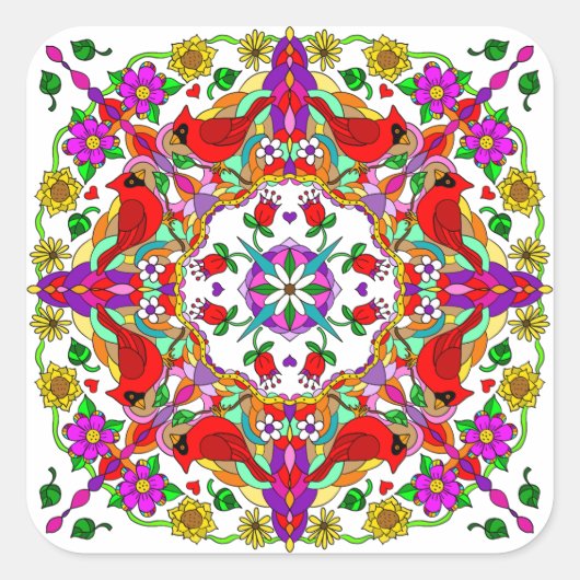 Hübsche Kardinal und Blume Mandala Quadratischer Aufkleber (Vorderseite)