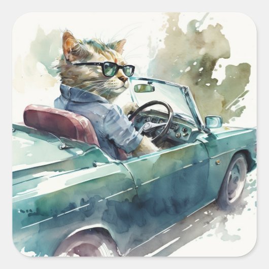 Hübsche Katze, die extravagante Sportwagenaufklebe Quadratischer Aufkleber (Vorderseite)