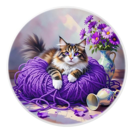 Hübsche Katze mit lila Blumen und Garn   Keramikknauf (Vorderseite)