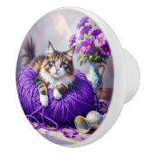 Hübsche Katze mit lila Blumen und Garn   Keramikknauf (Rechts)