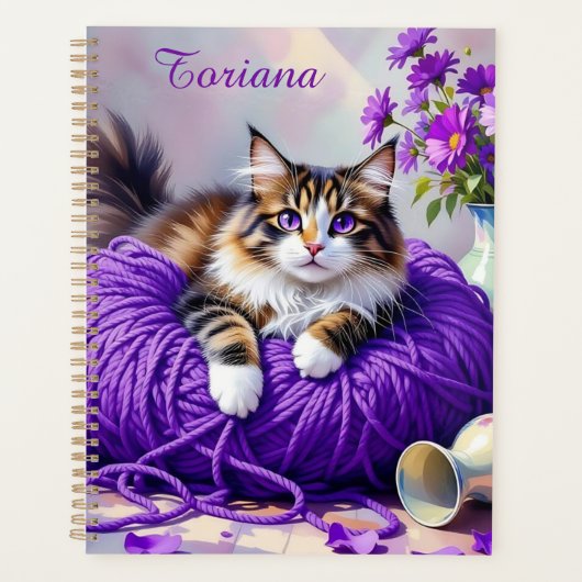 Hübsche Katze mit lila Blumen und Garn Planer (Vorderseite)