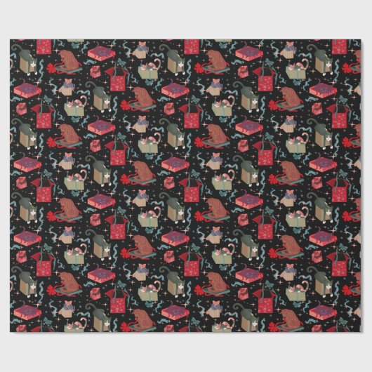 Hübsche Katzen in Weihnachtsboxen Schwarz Rot Grün Geschenkpapier (Flach)