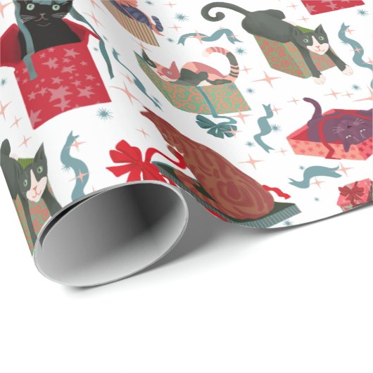 Hübsche Katzen in Weihnachtskästen Weiß Rot Grün Geschenkpapier (Rolleneckpunkt)