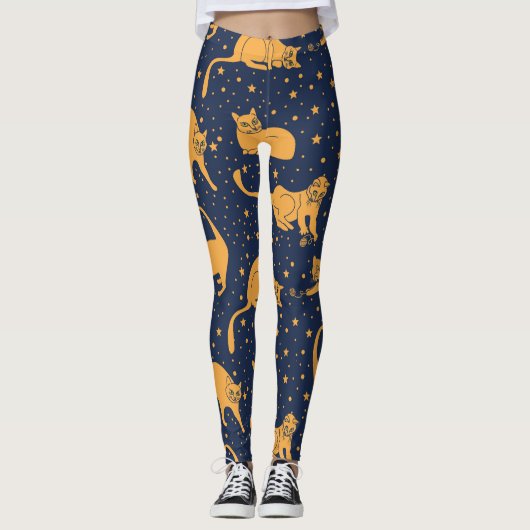 Hübsche Katzen, Sterne, Weltraummuster. Leggings (Vorderseite)