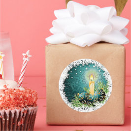 Hübsche Kerze auf Aquamarinem Damast Hintergrundmu Runder Aufkleber