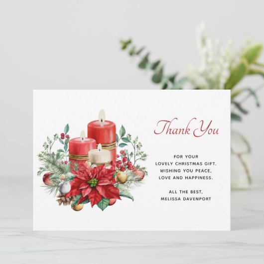 Hübsche Kerzen und Poinsettia Bouquet Dankeskarte (Stehend Vorderseite)