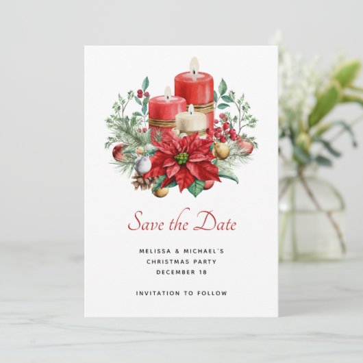 Hübsche Kerzen und Poinsettia Bouquet Save The Date (Stehend Vorderseite)