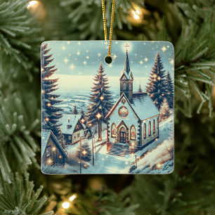 Hübsche Kirche an einem Wintertag Weihnachten Keramikornament