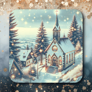 Hübsche Kirche an einem Wintertag Weihnachten Quadratischer Aufkleber