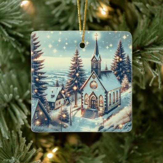 Hübsche Kirche an einem Winterweihnachtsfest Keramikornament (Baum)