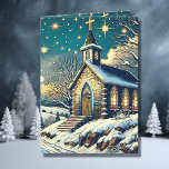 Hübsche Kirche an Personalisierten Weihnachten im<br><div class="desc">Hübsche personalisierte Weihnachtskarte. Herrlicher blauer und weißer Hintergrund mit weißen Schneeflocken und Glitzern umgeben eine hübsche Kirche und kreuzen mit Buntglasfenstern.</div>