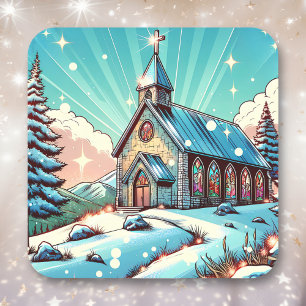 Hübsche Kirche zu Weihnachten im Winter Quadratischer Aufkleber