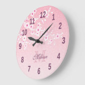 Hübsche Kirschblüten Rosa Glitzer Monogramm Grobba Große Wanduhr (Winkel)