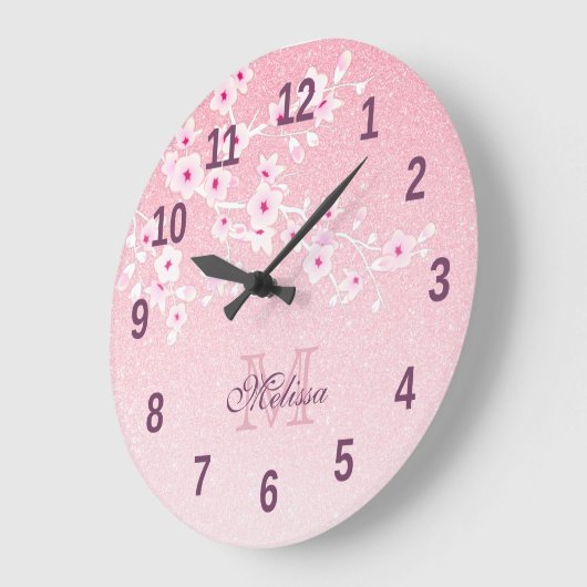 Hübsche Kirschblüten Rosa Glitzer Monogramm Grobba Große Wanduhr (Winkel)