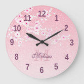 Hübsche Kirschblüten Rosa Glitzer Monogramm Grobba Große Wanduhr (Vorderseite)