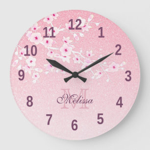 Hübsche Kirschblüten Rosa Glitzer Monogramm Grobba Große Wanduhr