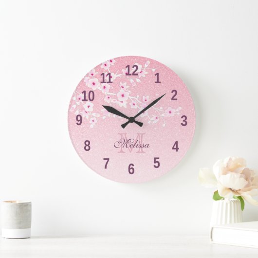 Hübsche Kirschblüten Rosa Glitzer Monogramm Grobba Große Wanduhr (Zuhause)