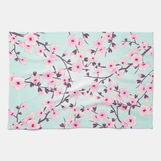 Hübsche Kirschblüten Rosa Türkis Küchentuch (Horizontal)