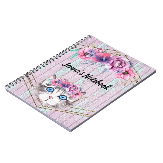 Hübsche Kitty Face auf einem Imitat Holz rosa Hint Notizblock (Linke Seite)