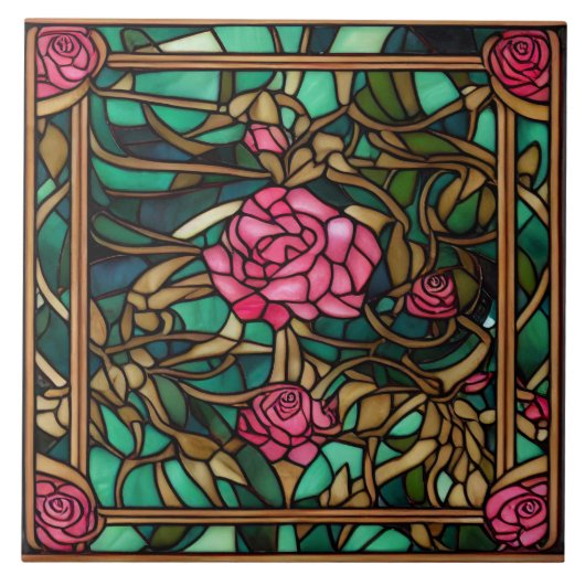 Hübsche komplizierte Bleiglas-Style-Blumenrose Fliese (Vorderseite)