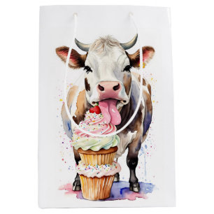 Hübsche Kuh leckt Kuchen für Kuhliebhaber Mittlere Geschenktüte