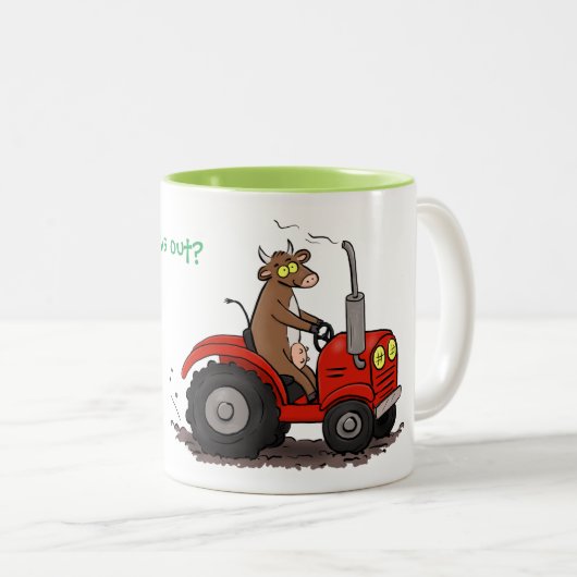 Hübsche Kuh mit rotem Traktor Cartoon Zweifarbige Tasse (VorderseiteRechts)